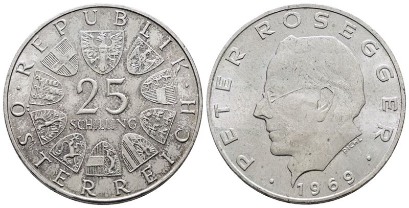 Austria. 25 Scellini 1969 'peter Rosegger'. Km 2905; Ag; 13gr.