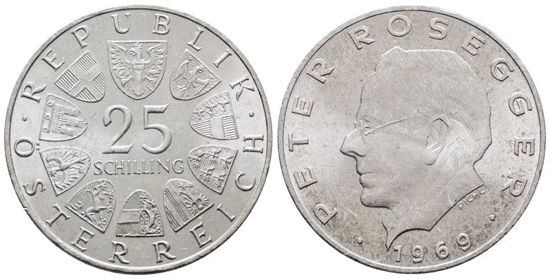 Austria. 25 Scellini 1969 'peter Rosegger'. Km 2905; Ag; 13gr.