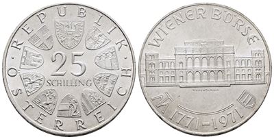 Austria. 25 Scellini 1971 'bicentenario della Borsa di Vienna'. Km 2910; Ag; 13gr.
