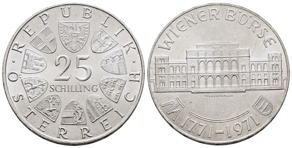 AUSTRIA. 25 scellini 1971 "Bicentenario della Borsa di Vienna". KM 2910; Ag; 13gr.