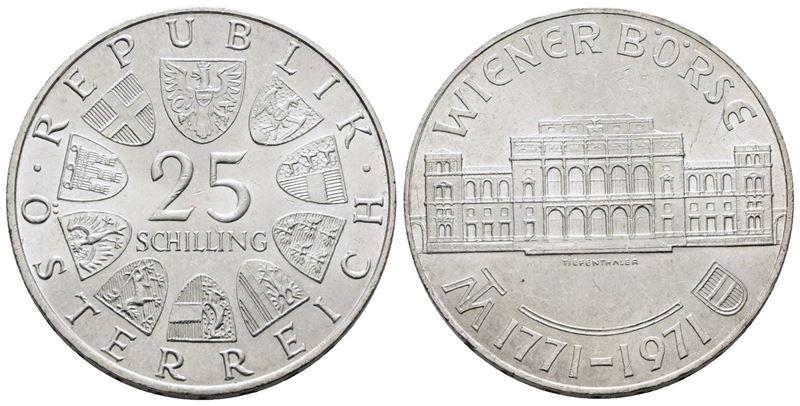 Austria. 25 Scellini 1971 'bicentenario della Borsa di Vienna'. Km 2910; Ag; 13gr.