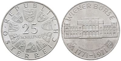 Austria. 25 Scellini 1971 'bicentenario della Borsa di Vienna'. Km 2910; Ag; 13gr.