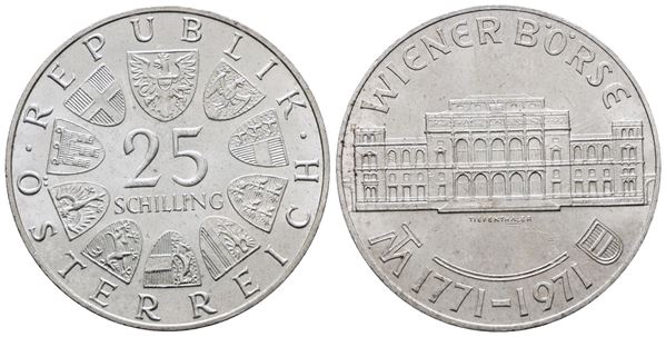 AUSTRIA. 25 scellini 1971 "Bicentenario della Borsa di Vienna". KM 2910; Ag; 13gr.
