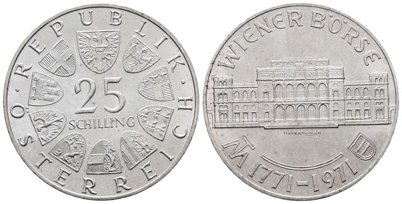 Austria. 25 Scellini 1971 'bicentenario della Borsa di Vienna'. Km 2910; Ag; 13gr.