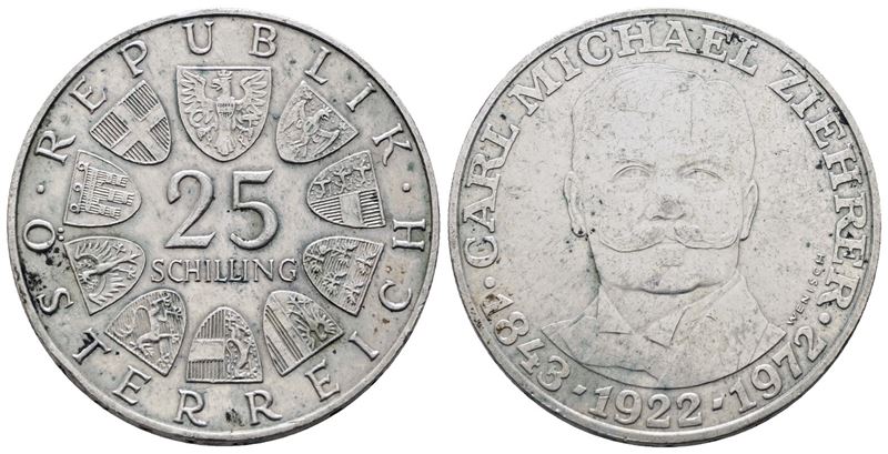 Austria. 25 Scellini 1972 'cinquantenario della Morte di Ziehrer'. Km 2912; Ag; 13gr.