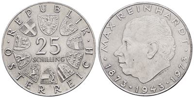 Austria. 25 Scellini 1973 'centenario della Nascita di Reinhardt'. Km 2915; Ag; 13gr.