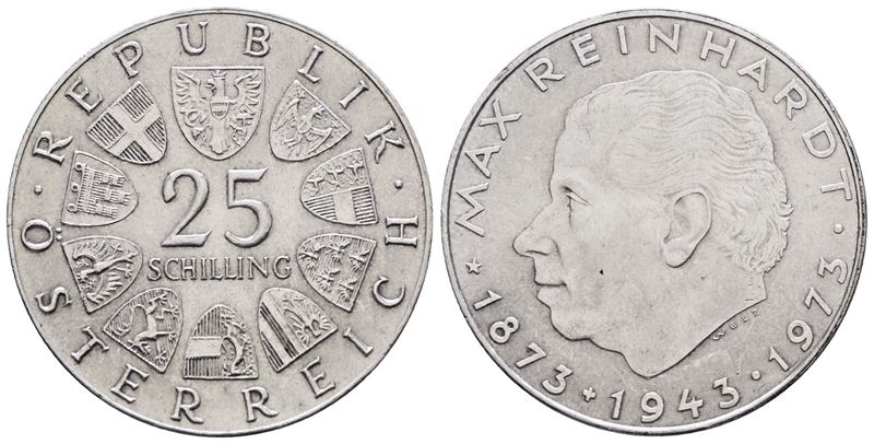 Austria. 25 Scellini 1973 'centenario della Nascita di Reinhardt'. Km 2915; Ag; 13gr.