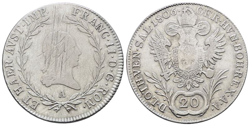 AUSTRIA. Francesco II (1792-1835). 20 kreuzer 1806 A (Vienna). KM 2140; Ag; 6,70gr. Graffi al dri...