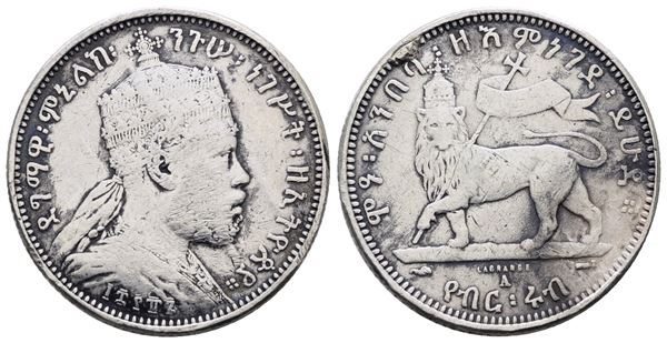 ETIOPIA. Menelik II (1889-1913). 1/4 birr 1887. KM 3; Ag; 7,02gr