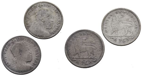 ETIOPIA. Menelik II (1889-1913). Lotto di due monete da 1/20 birr 1889. KM 13; Ag; 1,40gr.