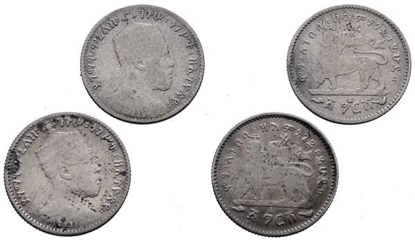 ETIOPIA. Menelik II (1889-1913). Lotto di due monete da 1/20 birr 1889. KM 13; Ag; 1,40gr.