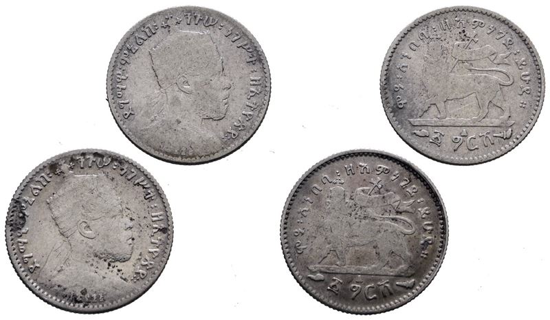 ETIOPIA. Menelik II (1889-1913). Lotto di due monete da 1/20 birr 1889. KM 13; Ag; 1,40gr. MB