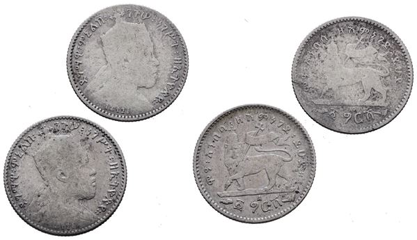 ETIOPIA. Menelik II (1889-1913). Lotto di due monete da 1/20 birr 1889. KM 13; Ag; 1,40gr.