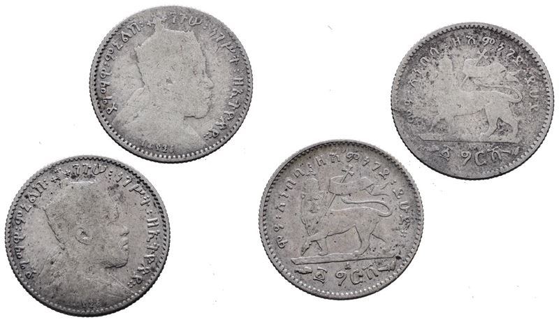 ETIOPIA. Menelik II (1889-1913). Lotto di due monete da 1/20 birr 1889. KM 13; Ag; 1,40gr. MB