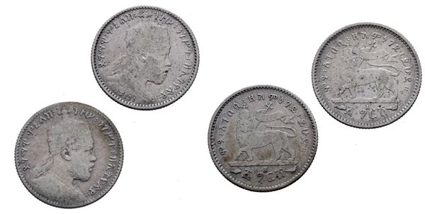 ETIOPIA. Menelik II (1889-1913). Lotto di due monete da 1/20 birr 1889. KM 13; Ag; 1,40gr.