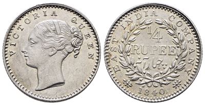 India. Vittoria (1837-1901). 1/4 Rupia 1840. Km 454; Ag; 2,90gr. Ottimo Stato di Conservazione.