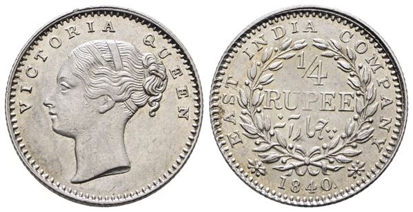 INDIA. Vittoria (1837-1901). 1/4 rupia 1840. KM 454; Ag; 2,90gr. Ottimo stato di conservazione.