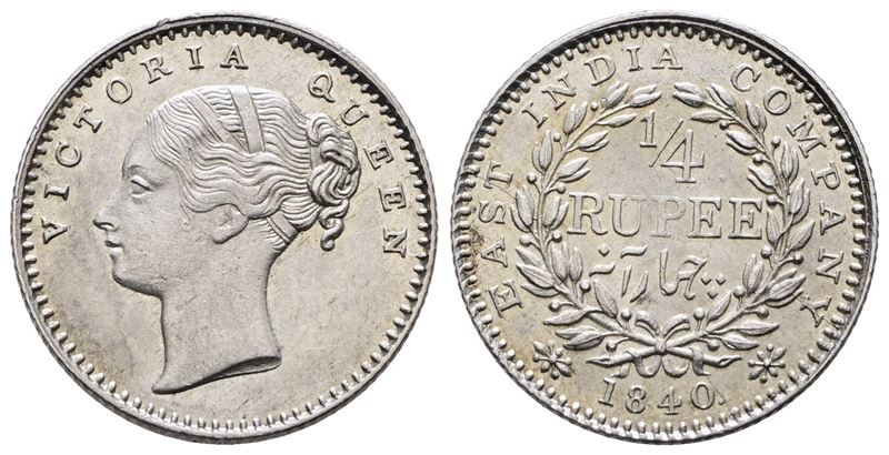 India. Vittoria (1837-1901). 1/4 Rupia 1840. Km 454; Ag; 2,90gr. Ottimo Stato di Conservazione.