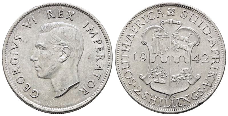 Sudafrica. Giorgio Vi (1936-1952). 2 Scellini 1942. Km 29; Ag; 11,31gr