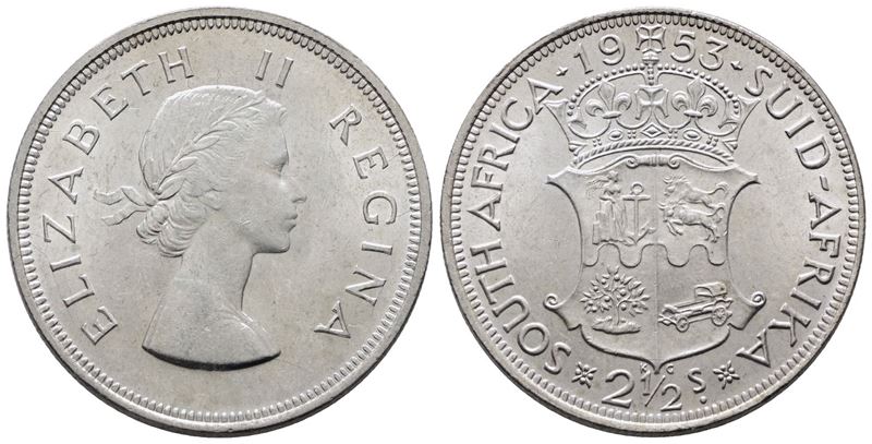Sudafrica. Elisabetta II (1952-2022). 2 1/2 Scellini 1953. Km 51; Ag; 14,14gr