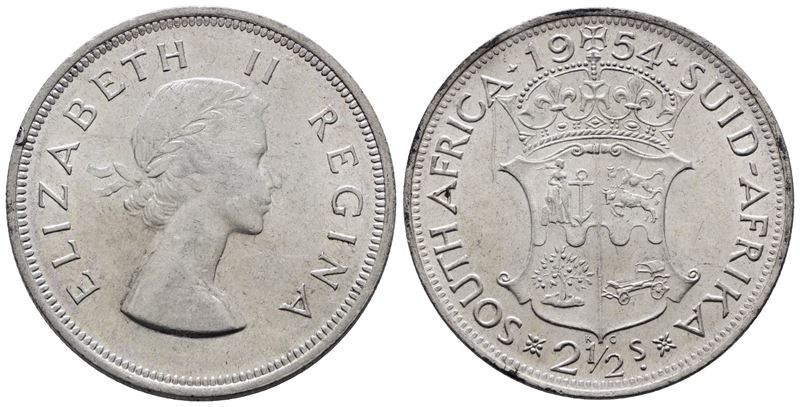 SUDAFRICA. Elisabetta II (1952-2022). 2 1/2 scellini 1954. KM 51; Ag; 14,14gr