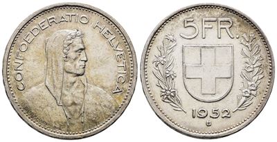 Svizzera. 5 Franchi 1952. Km 40; Ag; 15gr