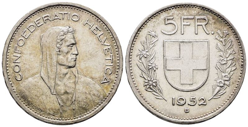Svizzera. 5 Franchi 1952. Km 40; Ag; 15gr