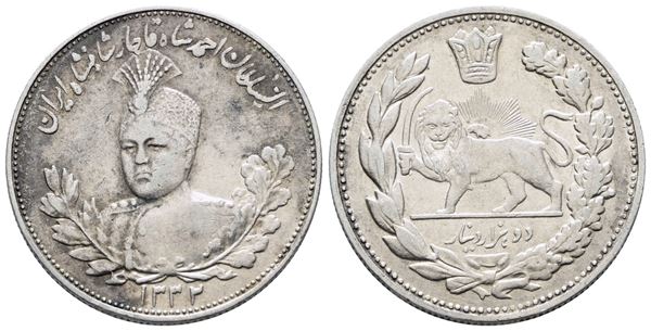 IRAN. Ahmad Qajar (1909-1925). 2000 dinar 1332 (1913). KM 1057; Ag; 9,21gr