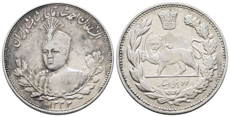 Iran. Ahmad Qajar (1909-1925). 2000 Dinar 1332 (1913). Km 1057; Ag; 9,21gr