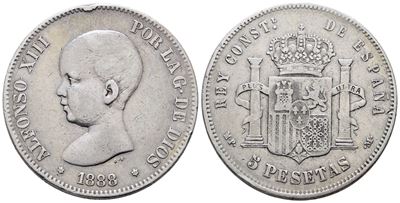 Spagna. Alfonso XIII (1886-1931). 5 Pesetas 1888. Km 689; Ag; 25gr. Colpo al Bordo