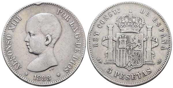 SPAGNA. Alfonso XIII (1886-1931). 5 pesetas 1888. KM 689; Ag; 25gr. Colpo al bordo