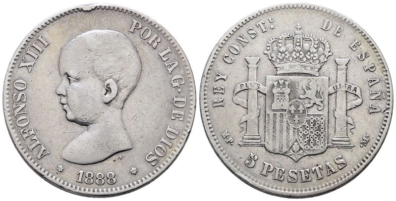Spagna. Alfonso XIII (1886-1931). 5 Pesetas 1888. Km 689; Ag; 25gr. Colpo al Bordo