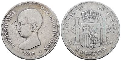 Spagna. Alfonso XIII (1886-1931). 5 Pesetas 1890. Km 689; Ag; 25gr.