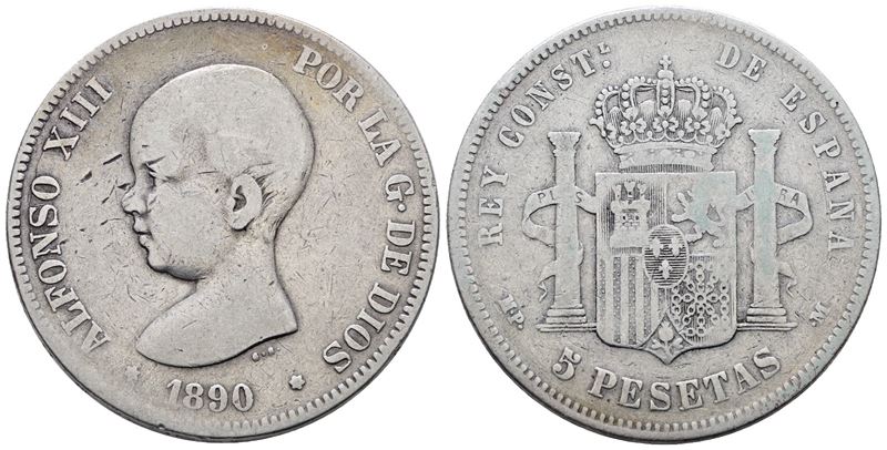 Spagna. Alfonso XIII (1886-1931). 5 Pesetas 1890. Km 689; Ag; 25gr.