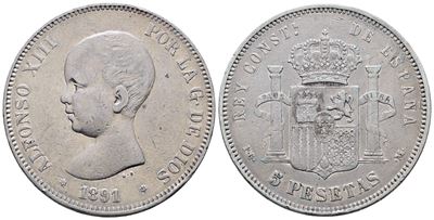 Spagna. Alfonso XIII (1886-1931). 5 Pesetas 1891. Km 689; Ag; 25gr.