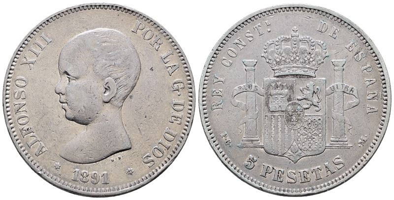 Spagna. Alfonso XIII (1886-1931). 5 Pesetas 1891. Km 689; Ag; 25gr.