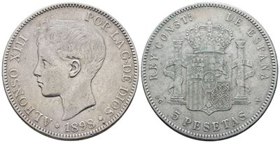 Spagna. Alfonso XIII (1886-1931). 5 Pesetas 1898. Km 689; Ag; 25gr.
