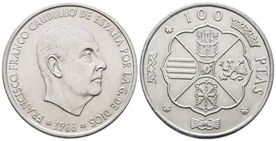 Spagna. 100 Pesetas 1966 (1967). Km 797; Ag; 19gr