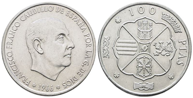Spagna. 100 Pesetas 1966 (1967). Km 797; Ag; 19gr