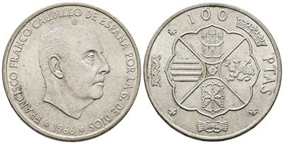 Spagna. 100 Pesetas 1966 (1968). Km 797; Ag; 19gr