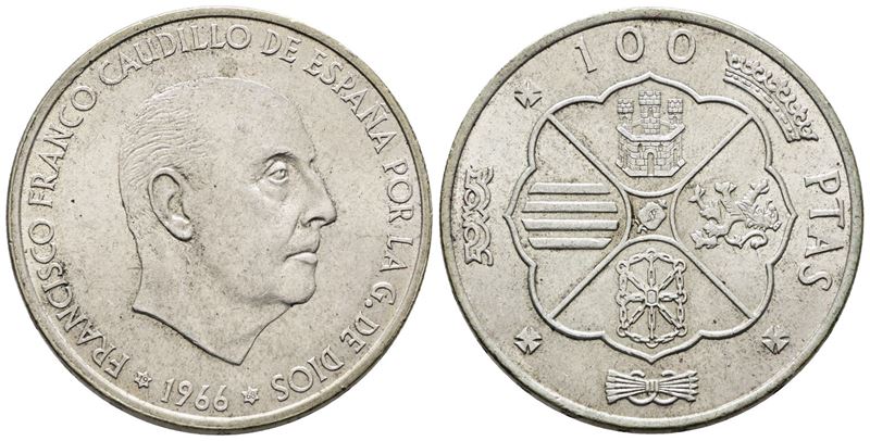 Spagna. 100 Pesetas 1966 (1968). Km 797; Ag; 19gr