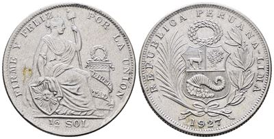 Moneta del Peru', 1/2 sol, 1927, KM 216, Argento, 12,5 gr, SPL