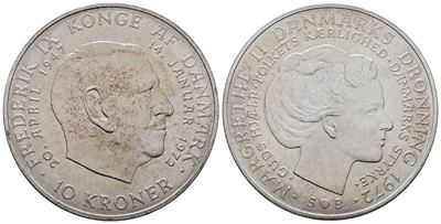 Danimarca. Margherita II. 10 Corone 1972 "salita al Trono". Km 858; Ag; 20,4gr