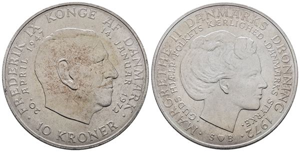 DANIMARCA. Margherita II. 10 corone 1972 "salita al trono". KM 858; Ag; 20,4gr