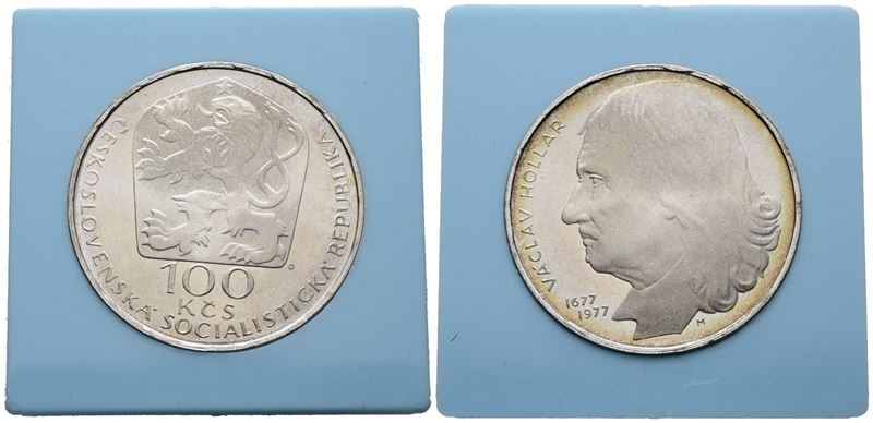 Cecoslovacchia. 100 Corone 1977 "300 Anni dalla Morte di Hollar". Km 88; Ag; 15gr; Rara. in Capsu...