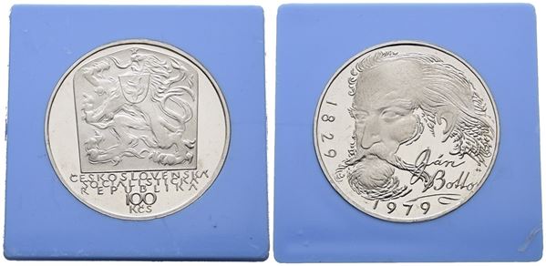 CECOSLOVACCHIA. 100 corone 1979 "150 anni dalla nascita di Jan Botto". KM 99; Ag; 15gr; RARA. In capsula celeste originale.
