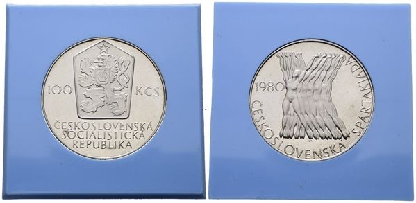 CECOSLOVACCHIA. 100 corone 1980 "Spartachiadi del 1980". KM 101; Ag; 9gr; RARA. In capsula celeste originale.