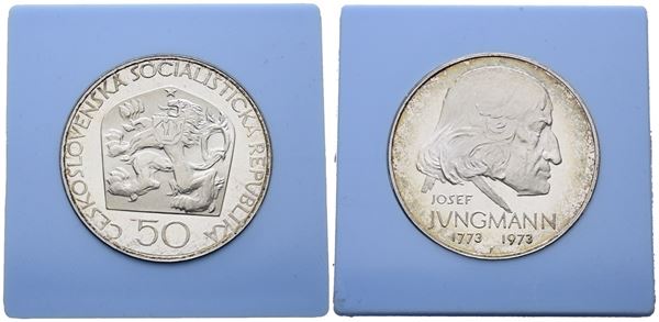 CECOSLOVACCHIA. 50 corone 1973 "200 anni dalla nascita di Jungmann". KM 79; Ag; 13gr; RARA. In capsula celeste originale.