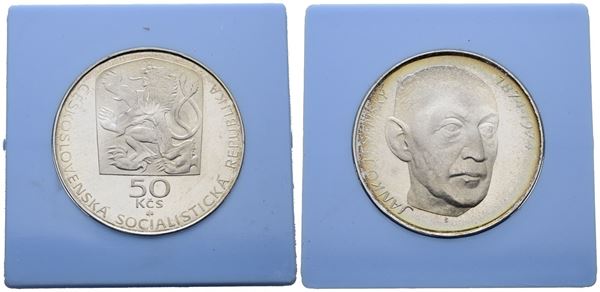 CECOSLOVACCHIA. 50 corone 1974 "centenario della nascita di Janko Jesensky". KM 81; Ag; 13gr; RARA. In capsula celeste originale.