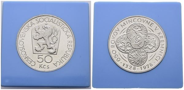 CECOSLOVACCHIA. 50 corone 1978 "650 anni della zecca di Kremniz". KM 91; Ag; 13gr; RARA. In capsula celeste originale.